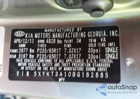 2011 Kia Sorento Lx z USA, uszkodzony, nr VIN 5XYKT3A10BG182885